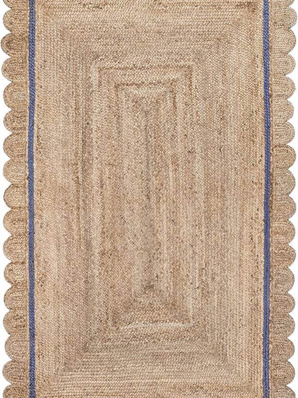 Scalloped Natural Jute Rug with Blue Trim